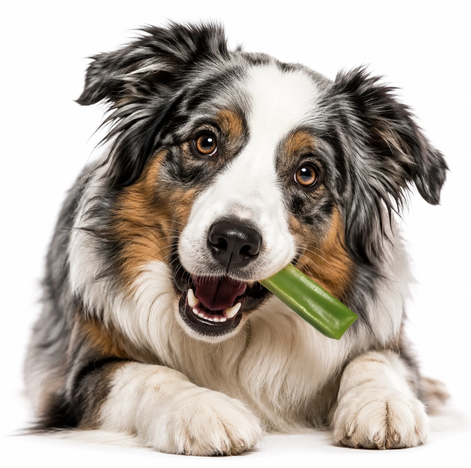 Australian Shepherd enjoying a ChurPeak green chew