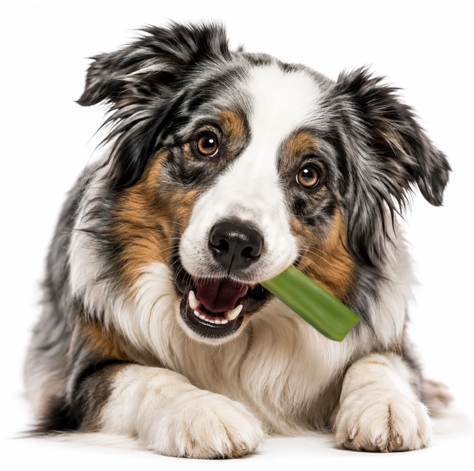 Australian shepherd enjoying a green mint dog chew