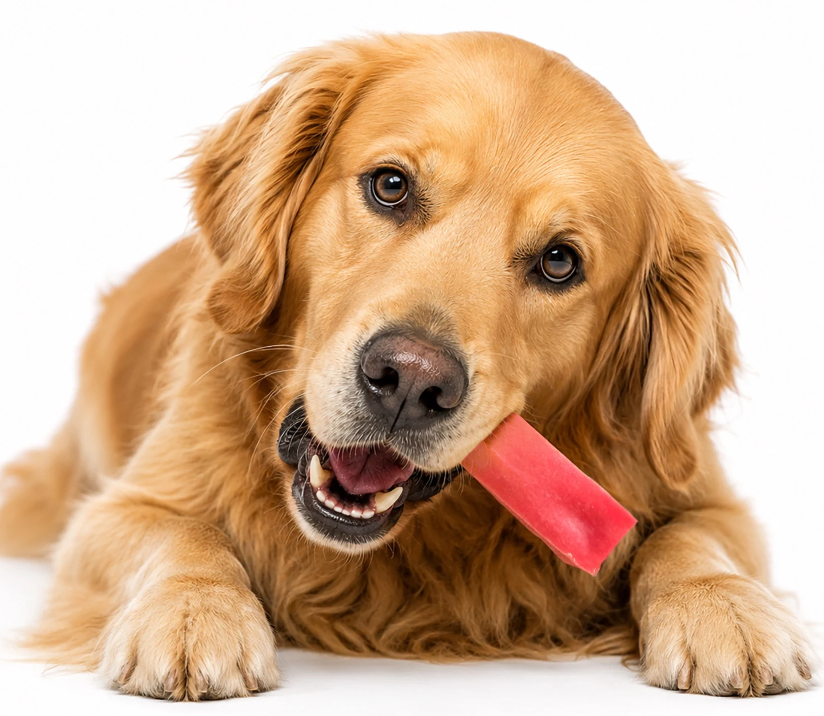 Golden retriever enjoying a pink strawberry dog chew